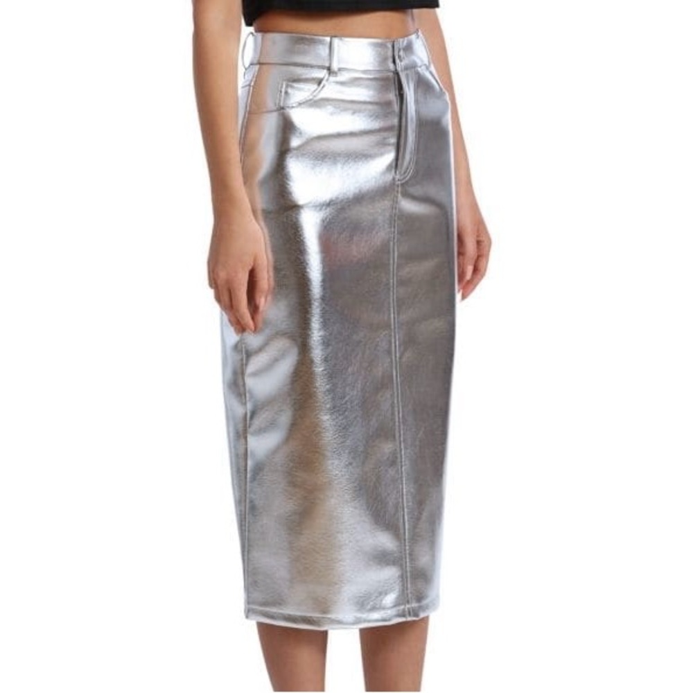 7 For All Mankind NWT Silver Faux Leather Midi Skirt